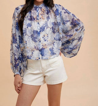 Anniewear - Flower Printed Loose Fit Button Down Volume Blouse
