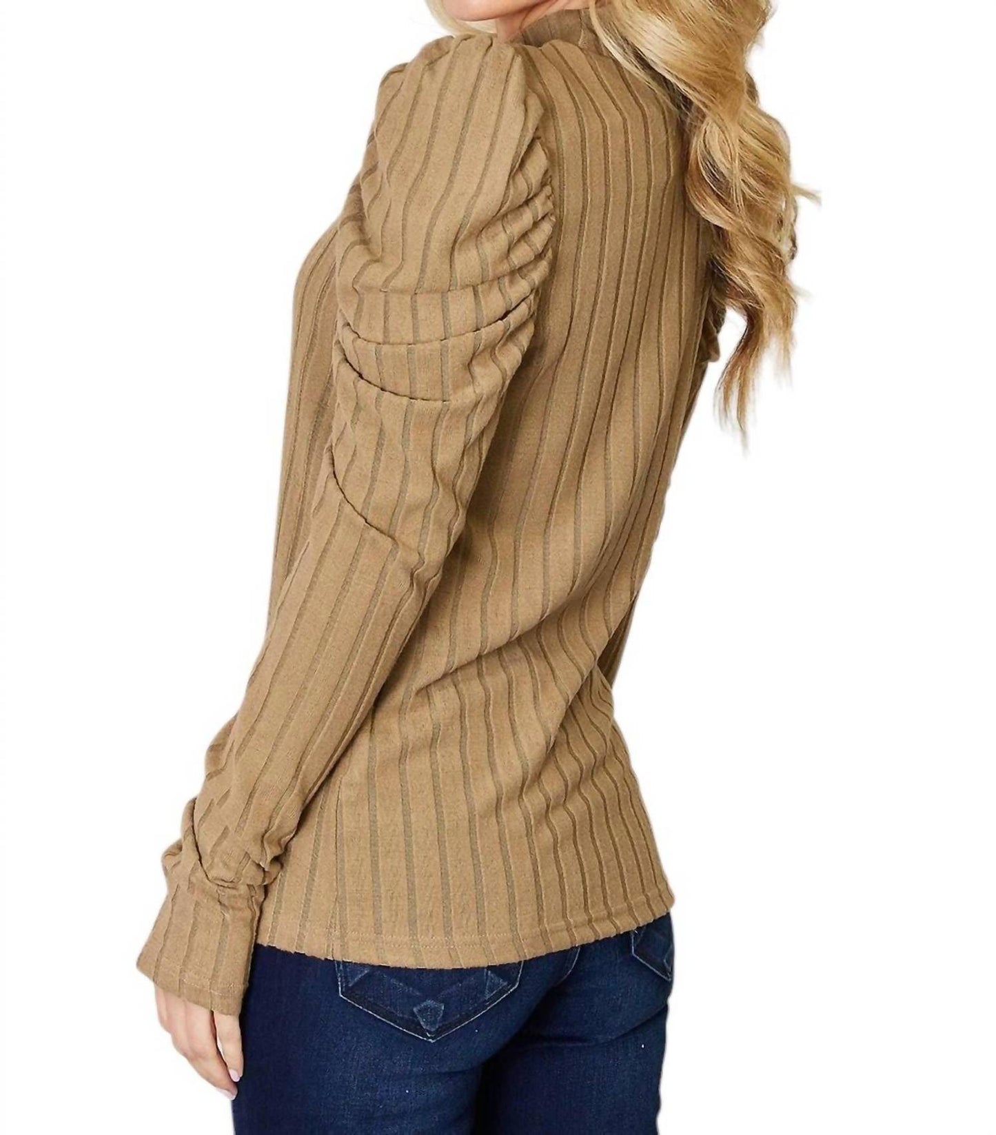 Basic Bae - Ribbed Mock Neck Top With Puff Sleeves