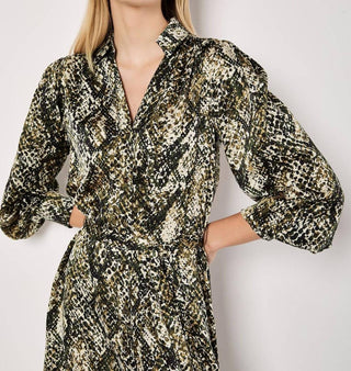 Apricot - Snakeskin Print Satin Shirt Midi Dress