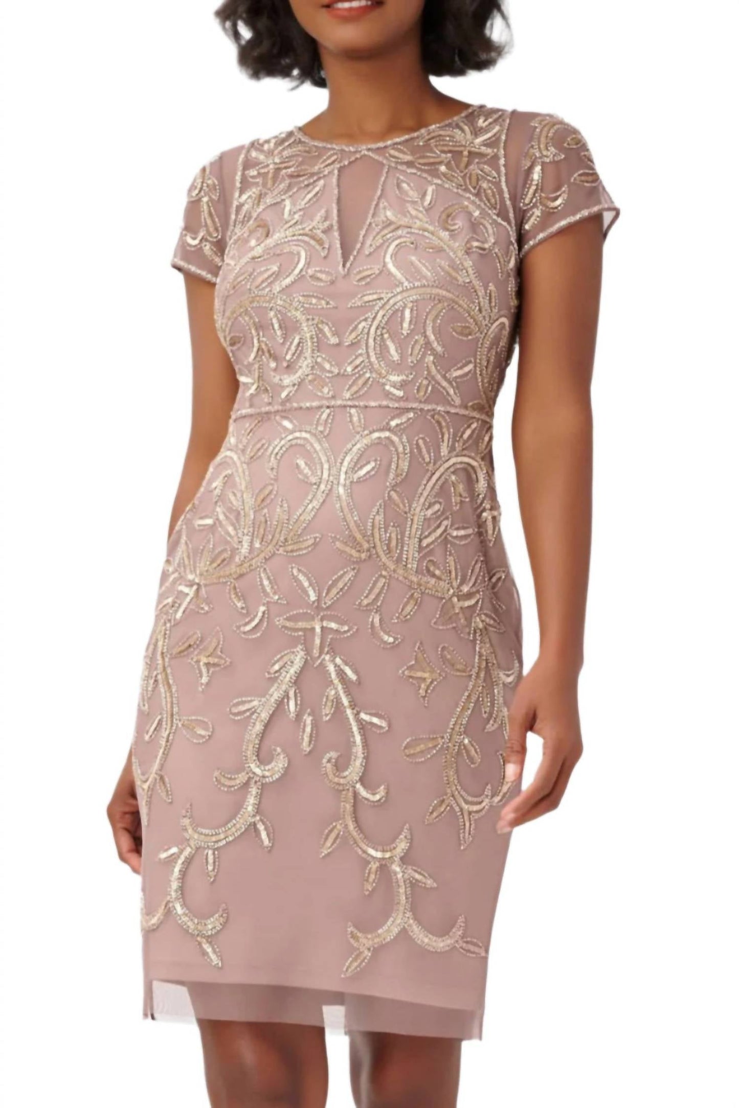Adrianna Papell - Short Sleeves Short Beaded Mesh Dress