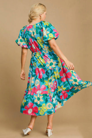 Trendsi - Umgee Full Size Tiered Floral Print Notched Puff Sleeve Midi Dress Plus Size