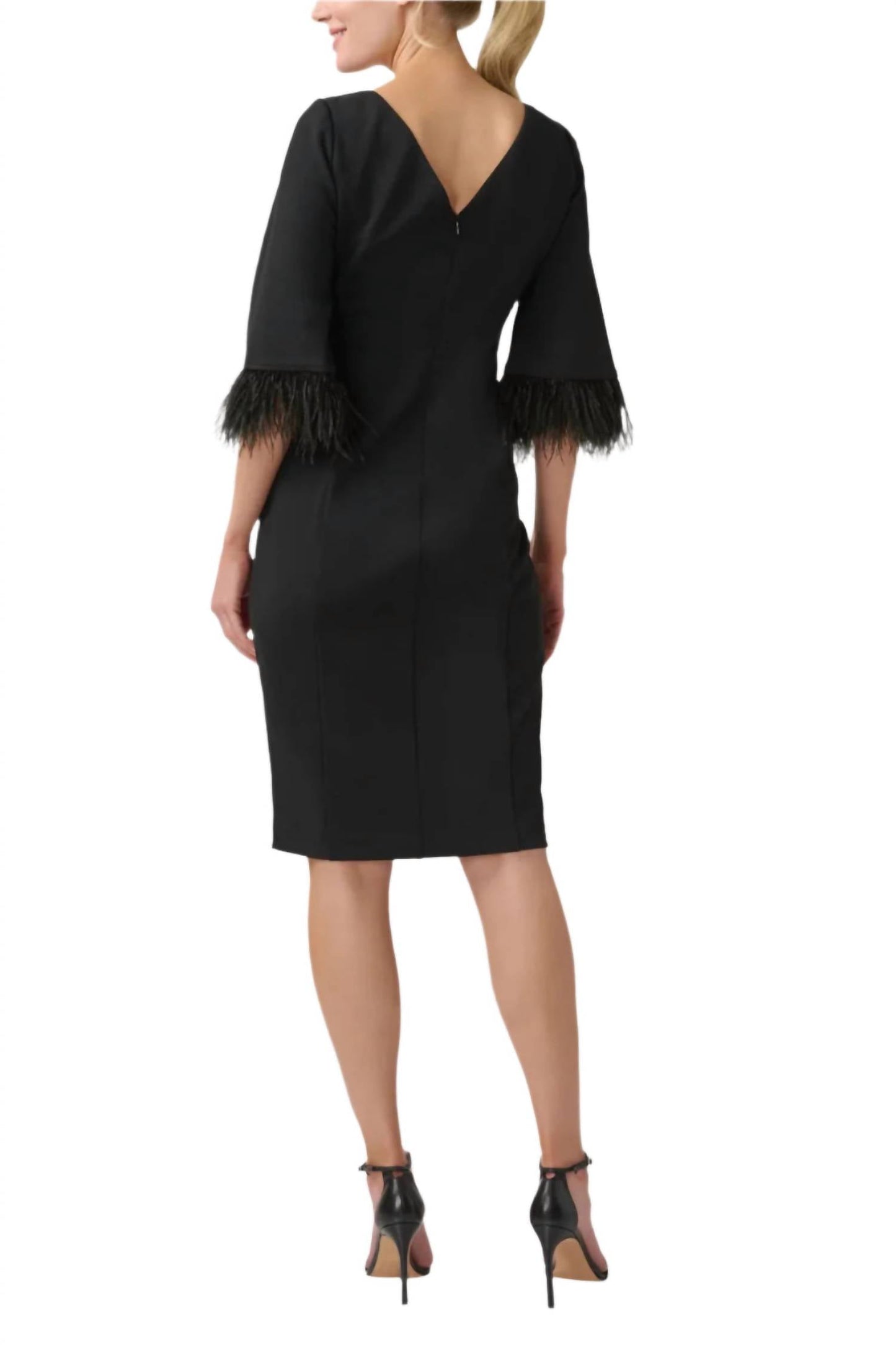 Adrianna Papell - Boat Neck 3/4 Sleeve Feather Trim Embellishment Midi Dress