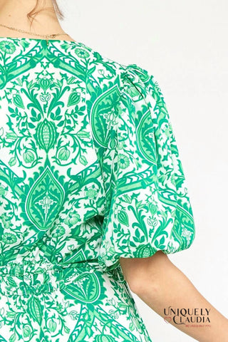 Entro - Francesca Green Ornate Print Puff Sleeves Ruffle Dress