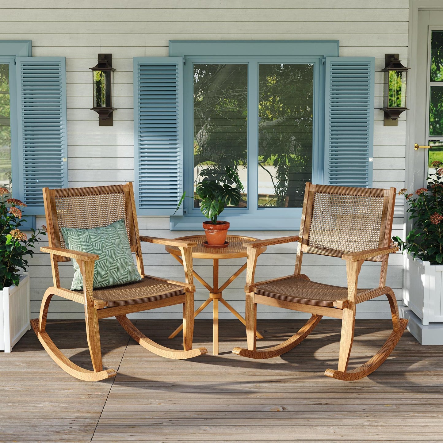 GO 2 Pieces Patio Rocking Chair Set, Natural Acacia Wood and Wicker