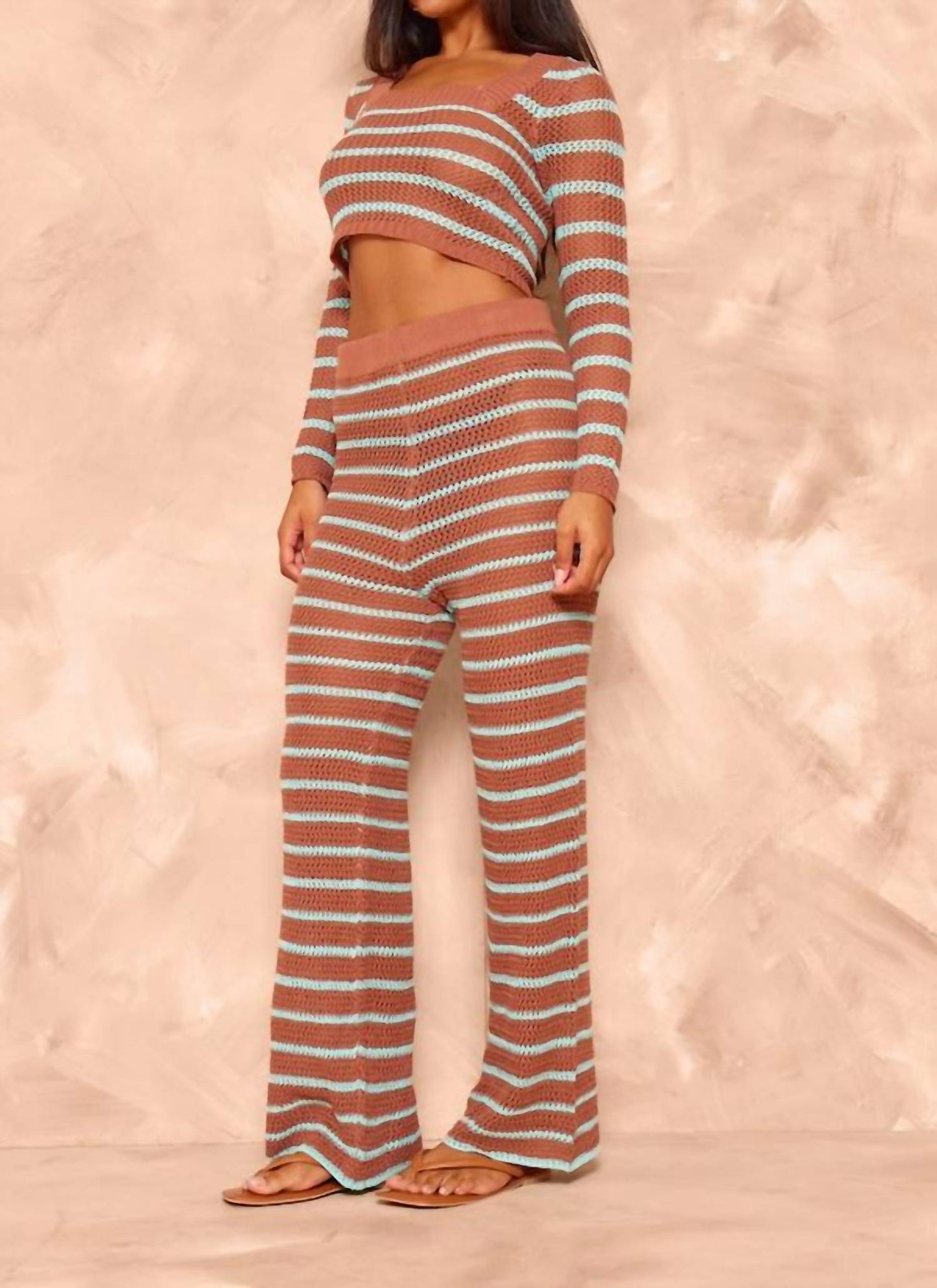 Prettylittlething - Stripe Crochet Knit Wide Leg Trousers