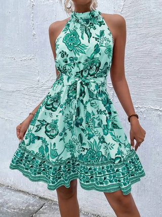 Trendsi - Printed Tie Waist Mini Dress