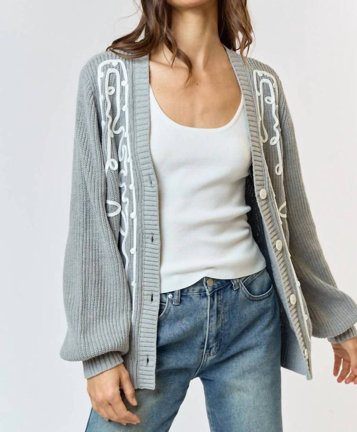 Lalavon - Heart Embroidery Button Down Cardigan