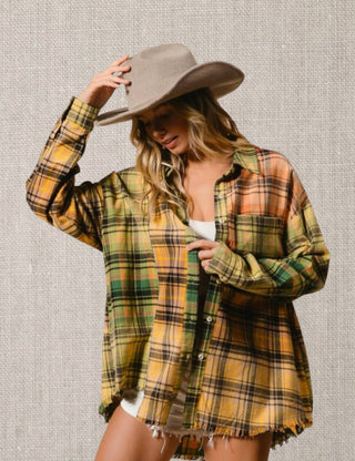 Bibi - Frayed Hem Plaid Shirt