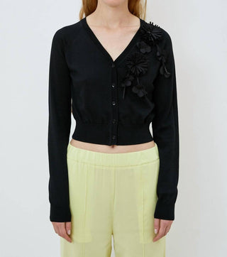 Meimeij - Short Length Cardigan With Fabric Flowers
