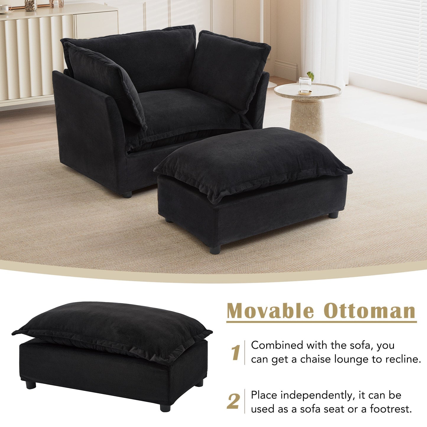 Modern Armchair Sofa 47" Cozy Upholstered Sofa Chair with Movable Ottoman