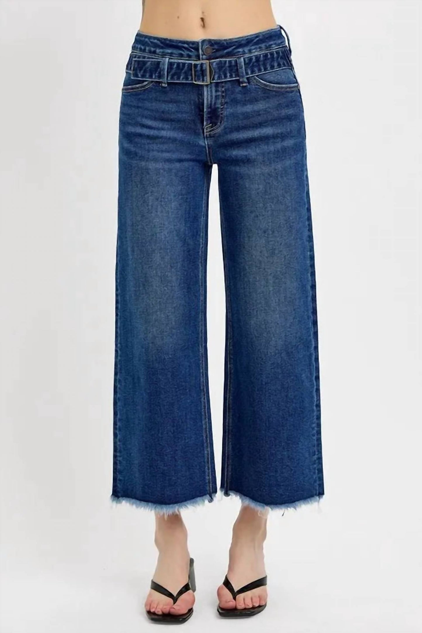 Trendsi - Risen Raw Hem Wide Leg Attached Buckle Jeans