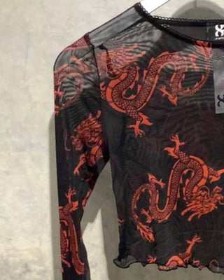 8586 - Women's Mesh Chinese Dragon Crop Top