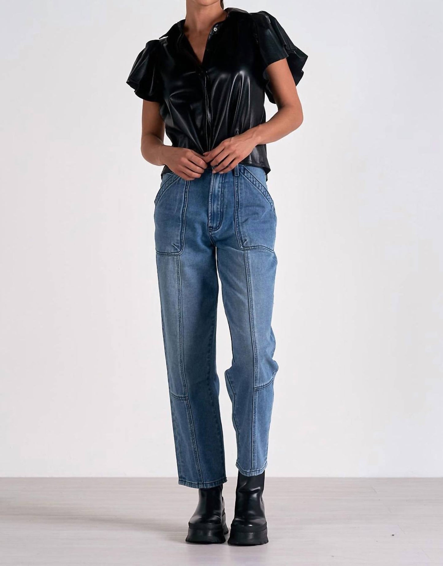 Elan - Leather Flutter Sleeve Top