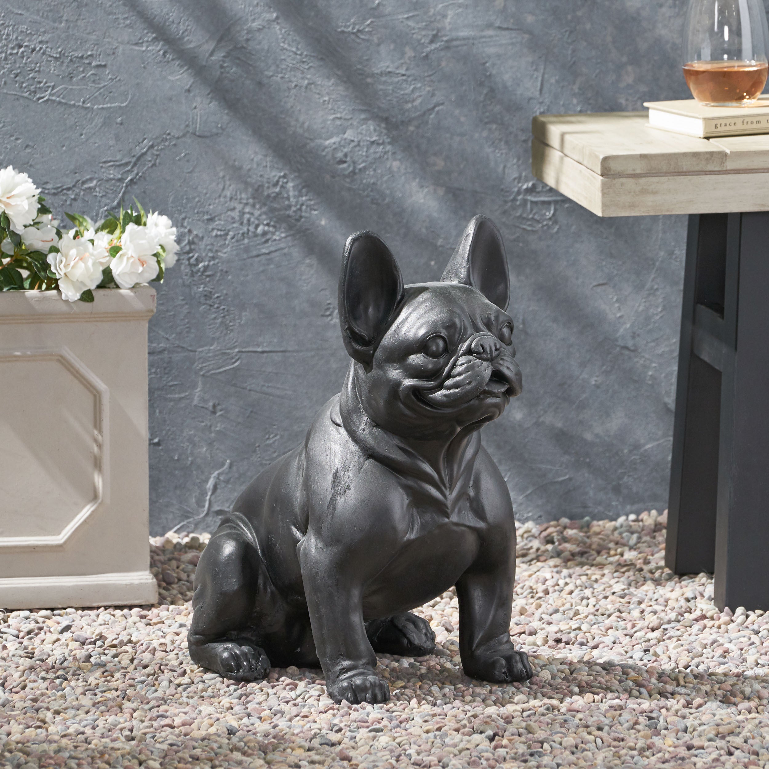 Dog Garden Sculpture, Outdoor French Bulldog Garden Statue, Matte Black