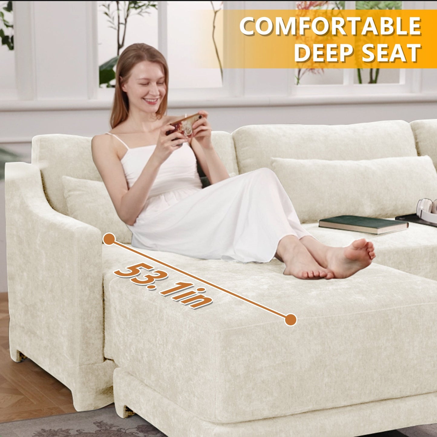 Elegant Four-Seater Sofa with Movable Ottoman and Lumbar Pillow