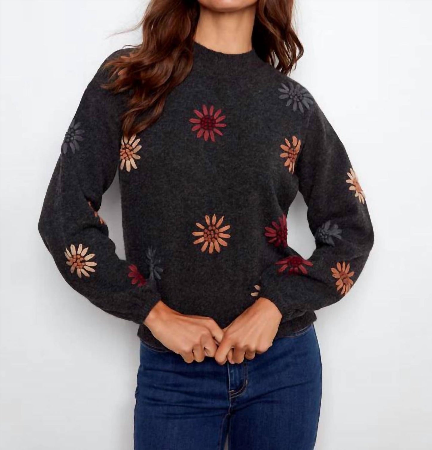 Charlie B - Mock Neck Floral Embroidery Sweater