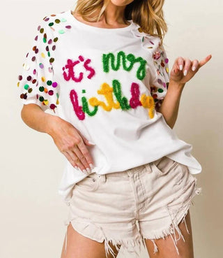 Trendsi - BiBi Metallic Letter Spangle Raglan Puff Sleeve Top