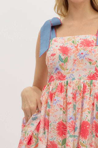 Entro - Floral Print Tie Shoulder Midi Dress