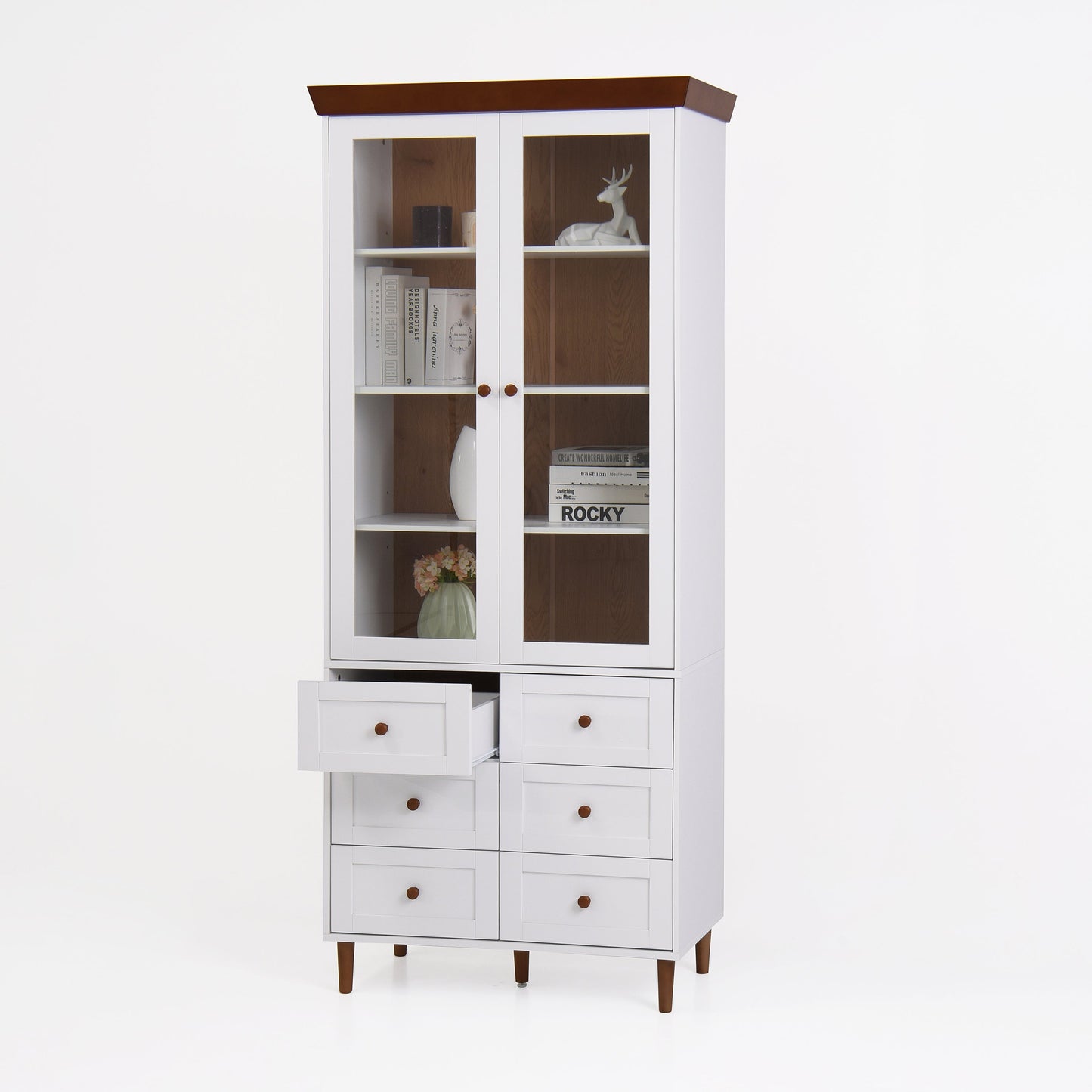 White MDF Display Storage Cabinet with Glass Doors and Adjustable Shelves