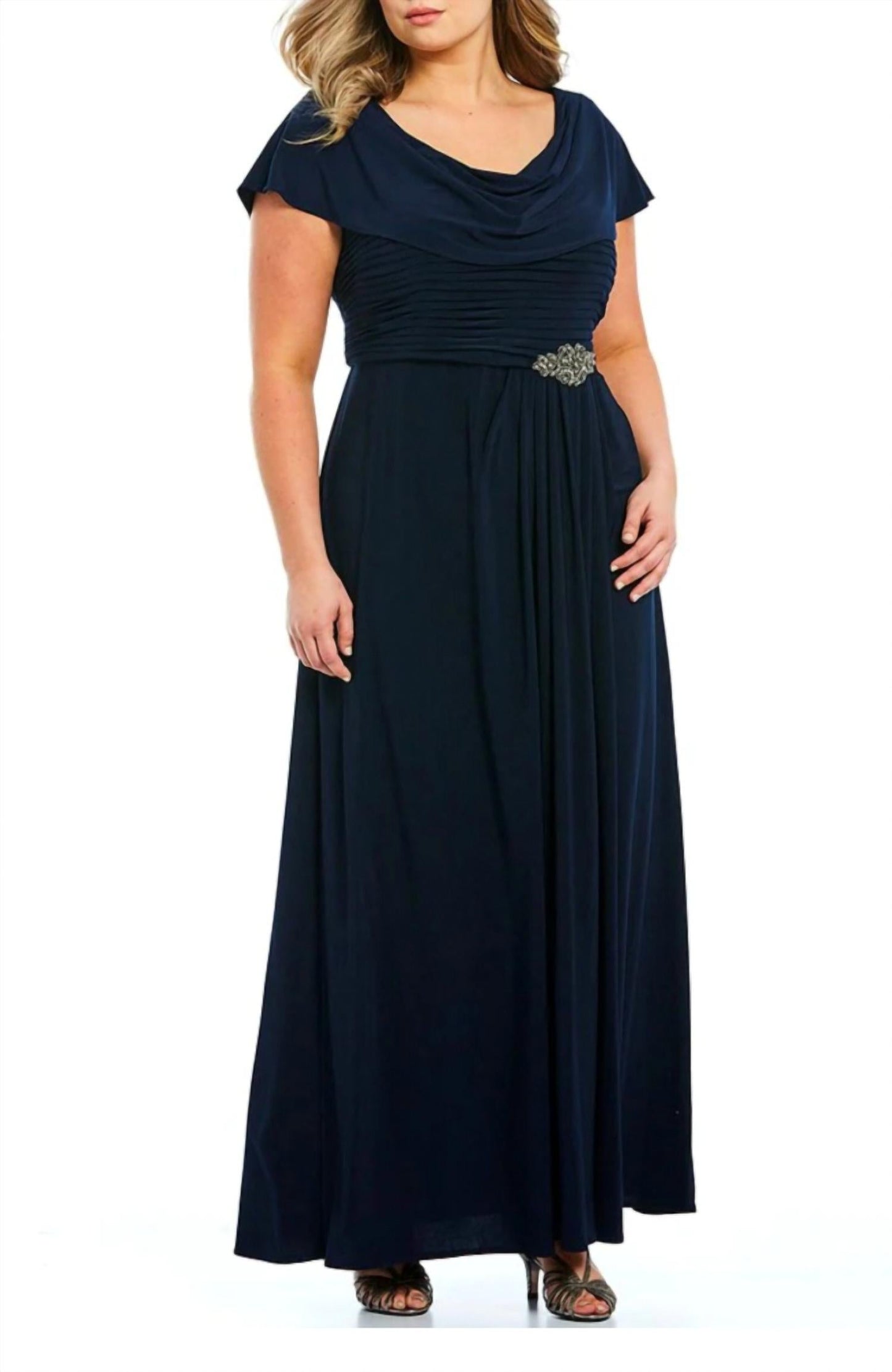 Alex Evenings - Matte Jersey Pleated Embellished Side Detail Long Gown