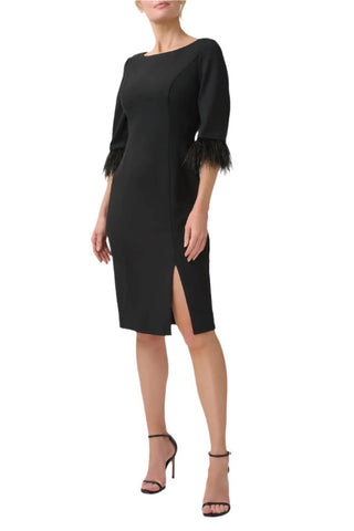 Adrianna Papell - Boat Neck 3/4 Sleeve Feather Trim Embellishment Midi Dress