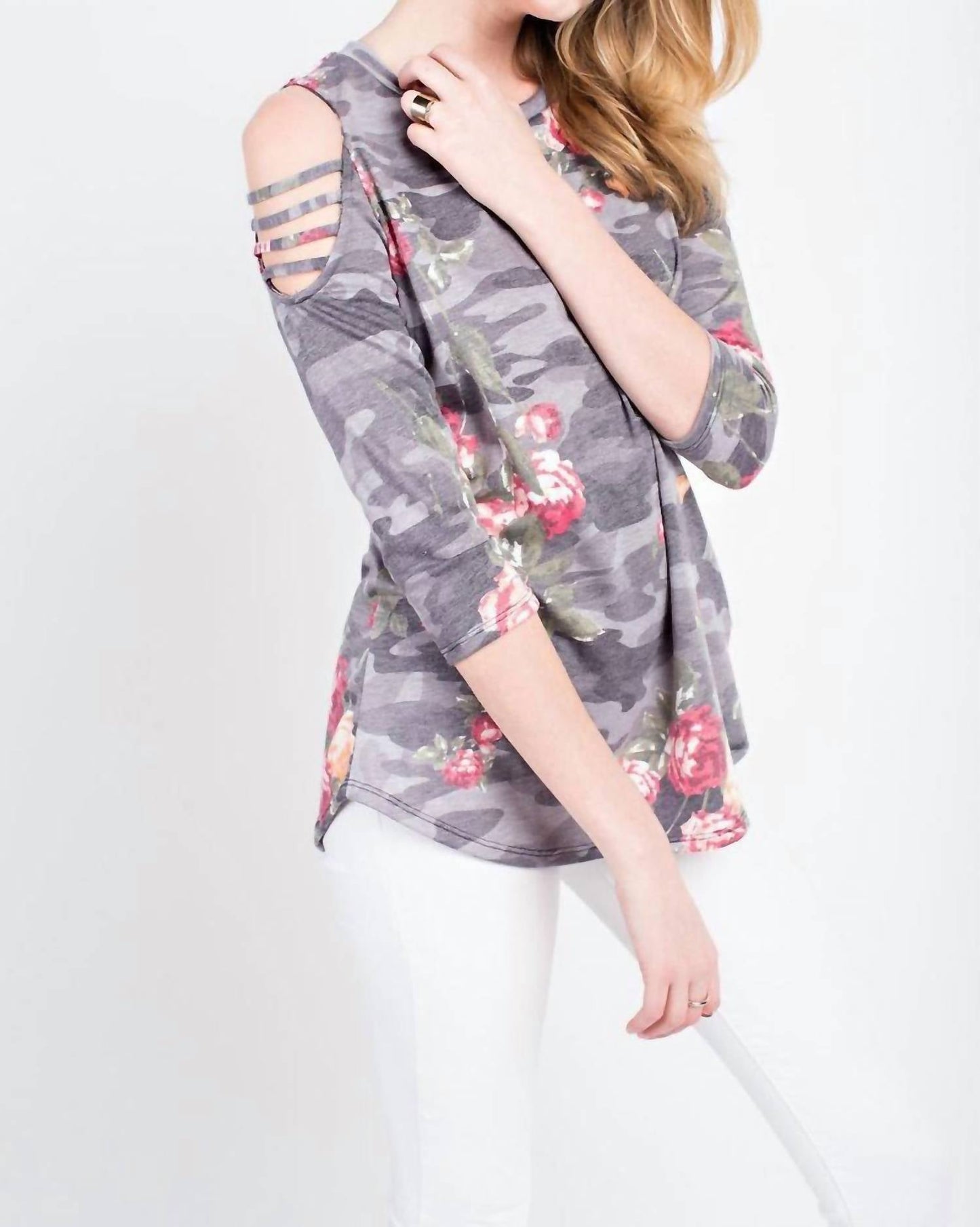 12Pm By Mon Ami - Floral Cold Shoulder 3/4 Sleeve Top