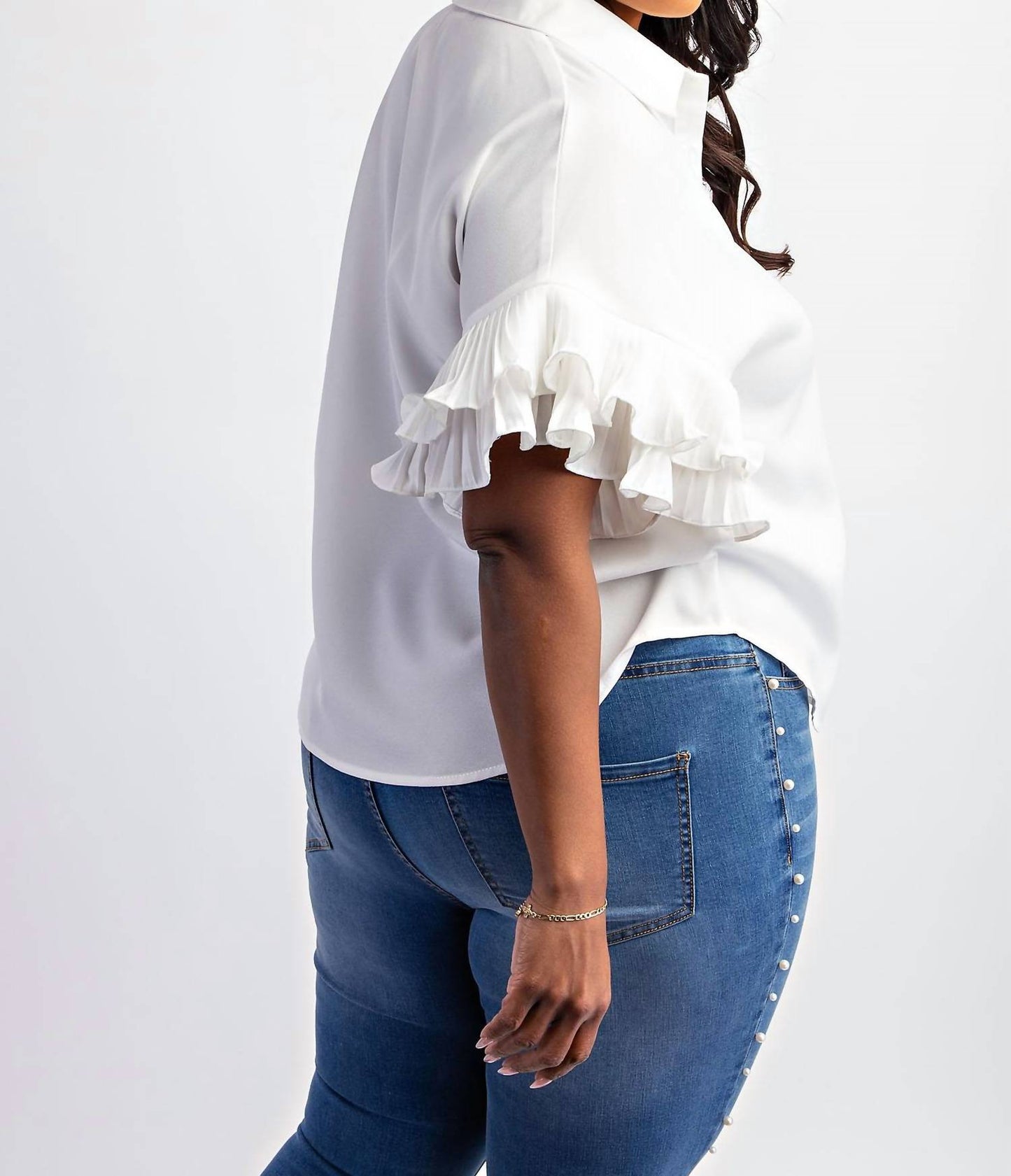 The Curve La - Plus Size Pleated Ruffle Sleeve Shirt Top