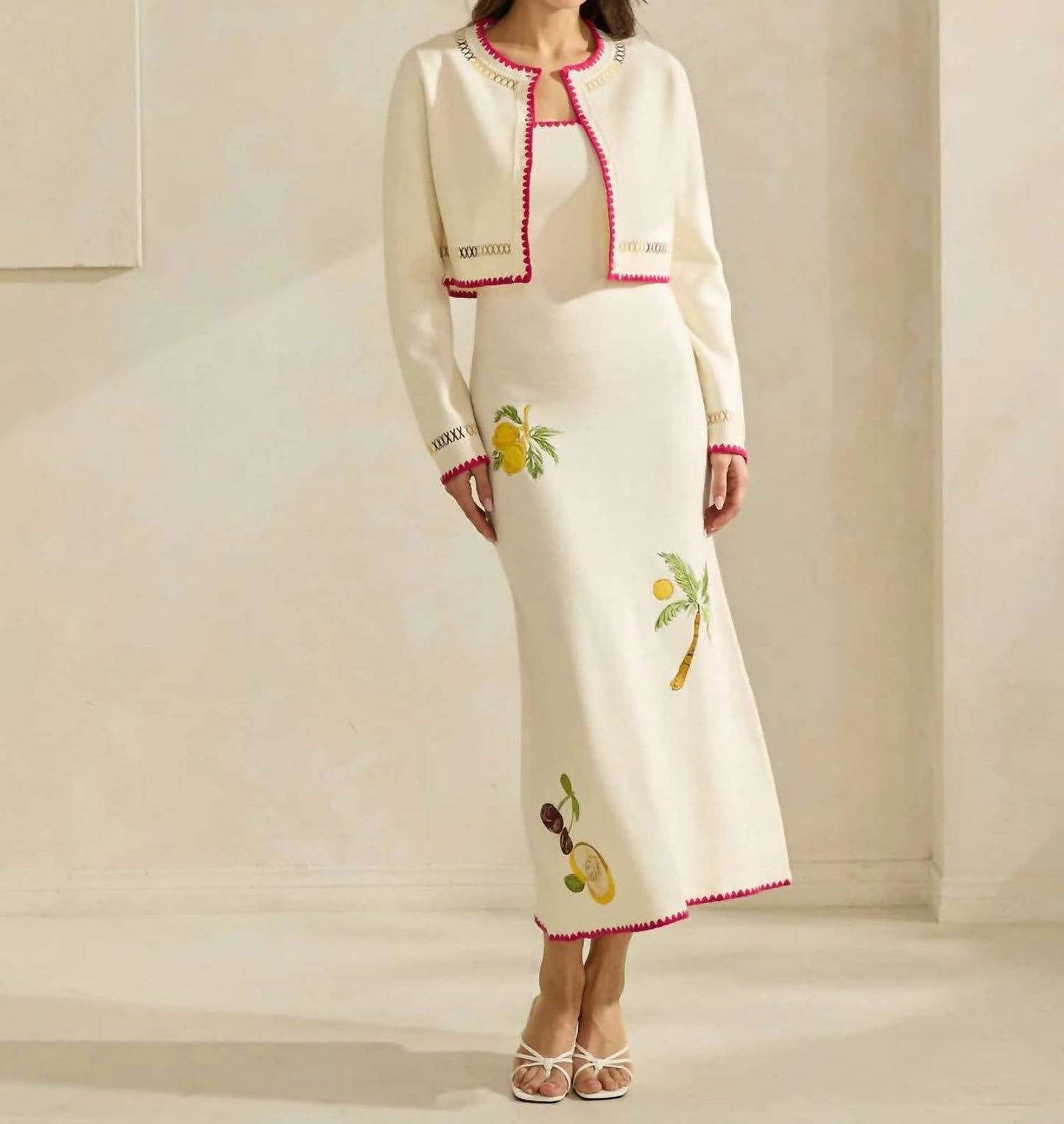 Able - Zoe Embroidered Cardigan And Sweater Dress Set