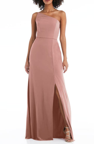 After Six One-Shoulder Crepe Trumpet Gown in Desert Rose, Size 2