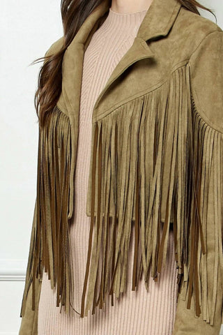 Trendsi - Veveret Suede Fringe Long Sleeve Moto Jacket