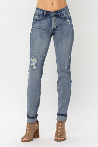 Judy Blue - Mid Rise Button Fly & Cuff Options Tall Boyfriend Denim Jeans