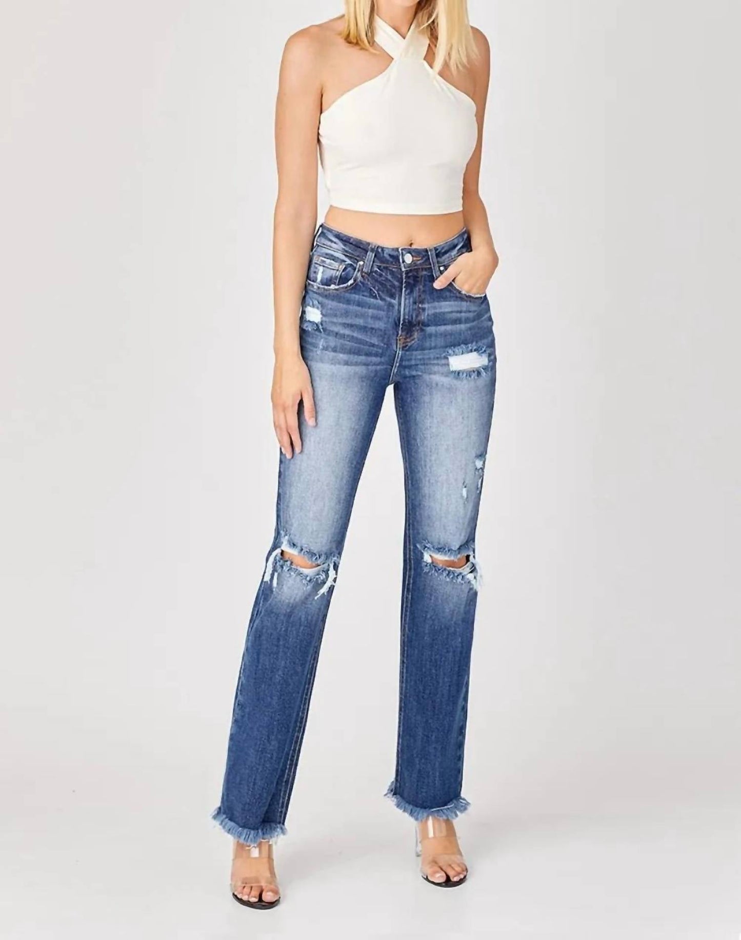 Risen - Full Size Raw Hem Distressed Straight Jeans