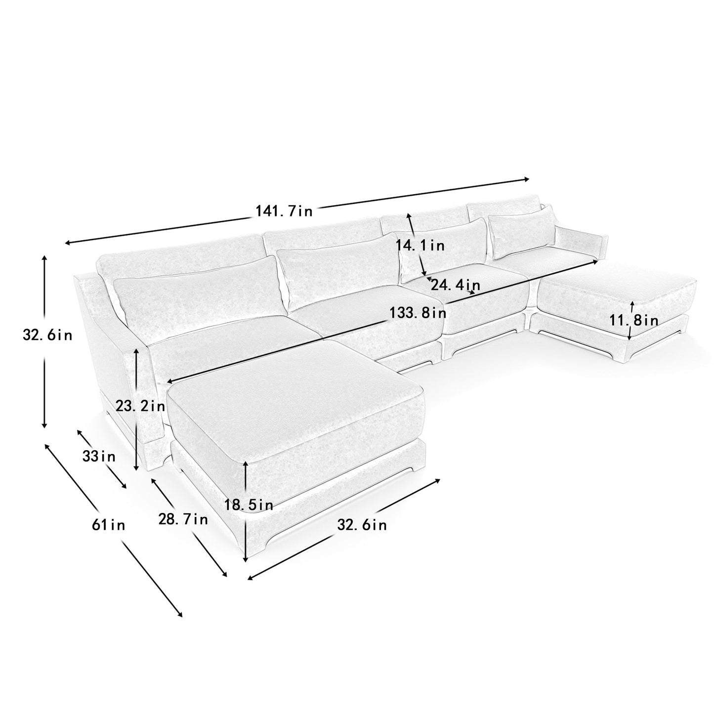 Elegant Four-Seater Sofa with Movable Ottoman and Lumbar Pillow