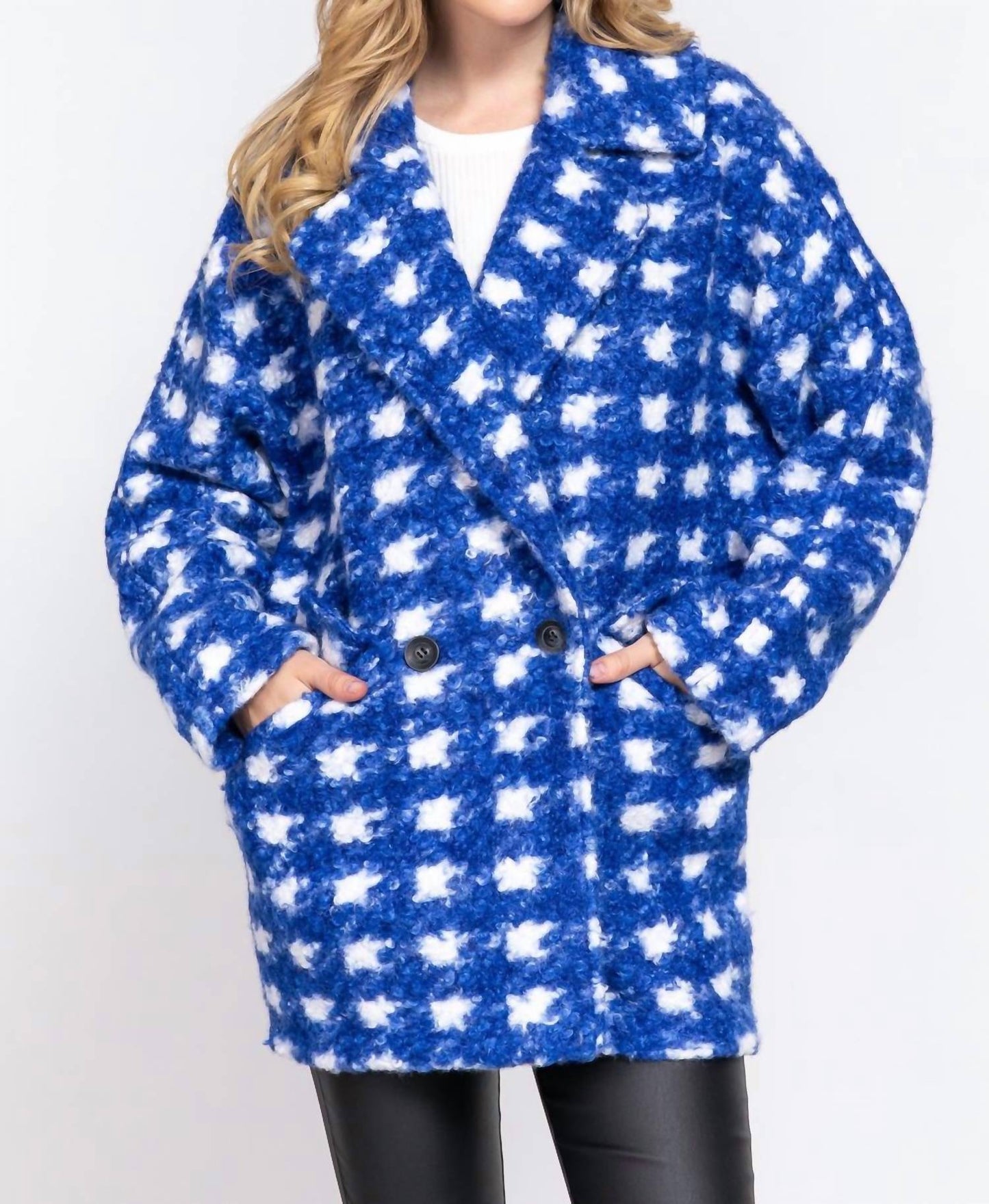 Active Usa - Double Breasted Check Print Boucle Fleece Coat