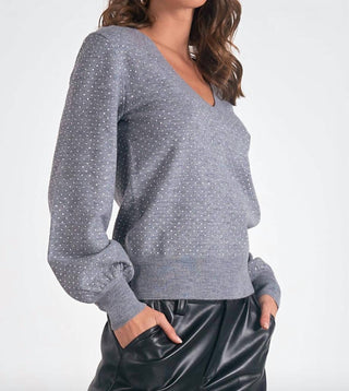 Elan - V-neck Rinestone Sweater Top