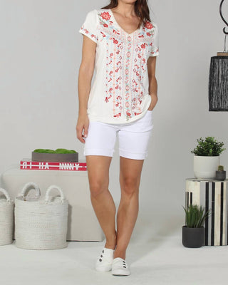 Paparazzi - Knit Embroidered V-Neck Short Sleeve Top