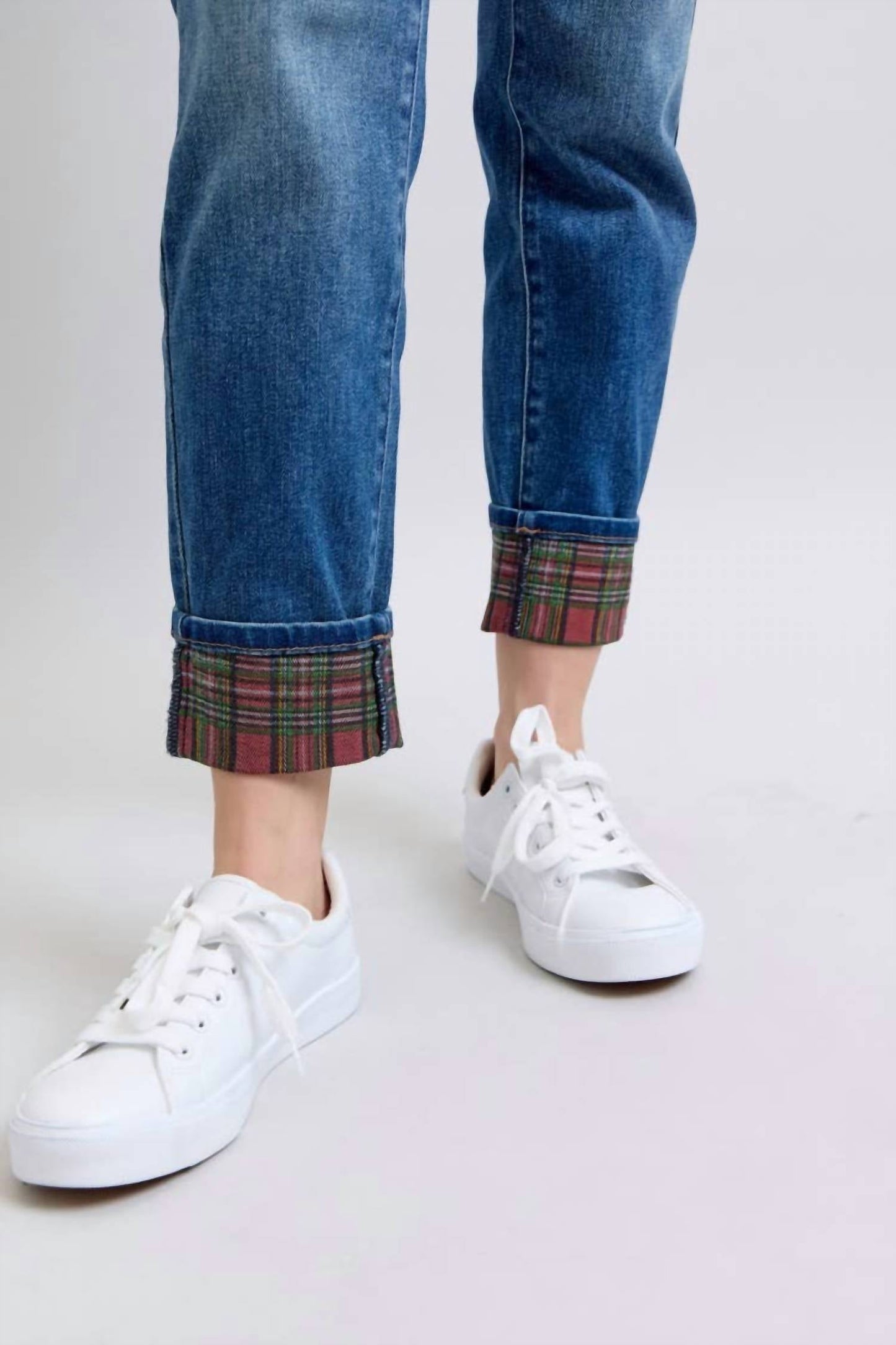Judy Blue - Mid-rise Plaid Print Cuff Boyfriend Jeans