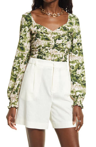 Ruched Crop Top - Olive Pink Watercolor Rose