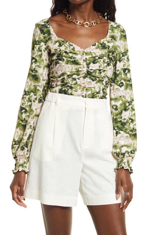 Ruched Crop Top - Olive Pink Watercolor Rose