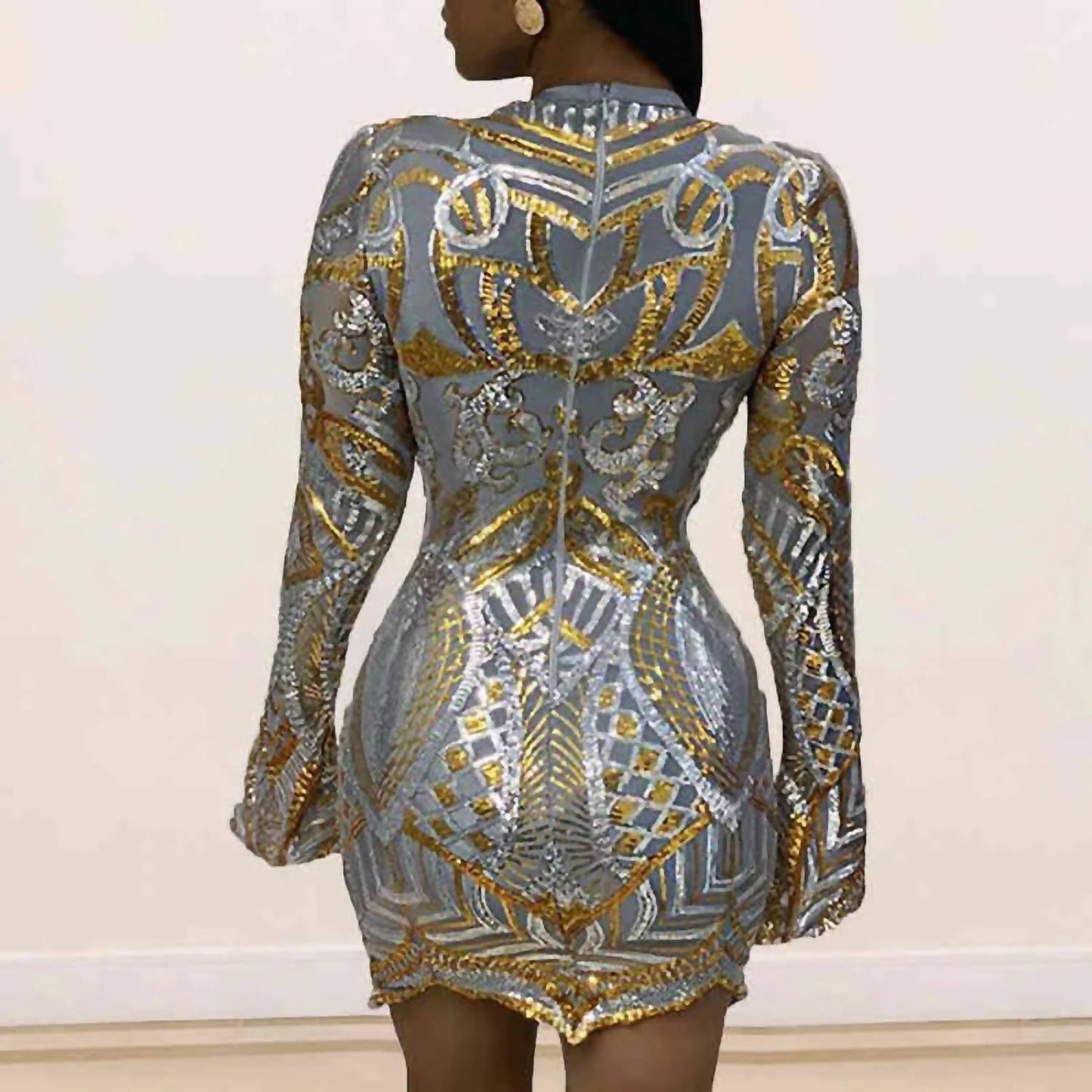 Gaje - Sleek Sequin Long Sleeve Bodycon Mini Dress