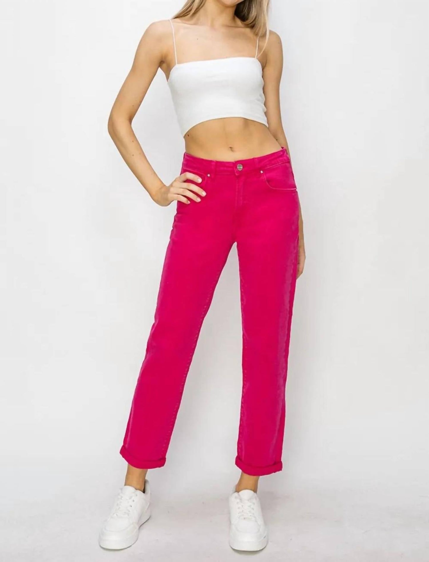 Risen - High Waist Rolled Hem Straight Jeans