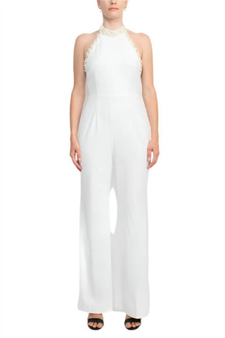 Adrianna Papell - Embellished Halter Neck Knit Crepe Jumpsuit