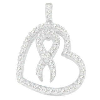 Sterling Silver Round Cut Diamond Heart And Ribbon Pendant Necklace (0.25 Cttw, H-I Color, I1-I2 Clarity)