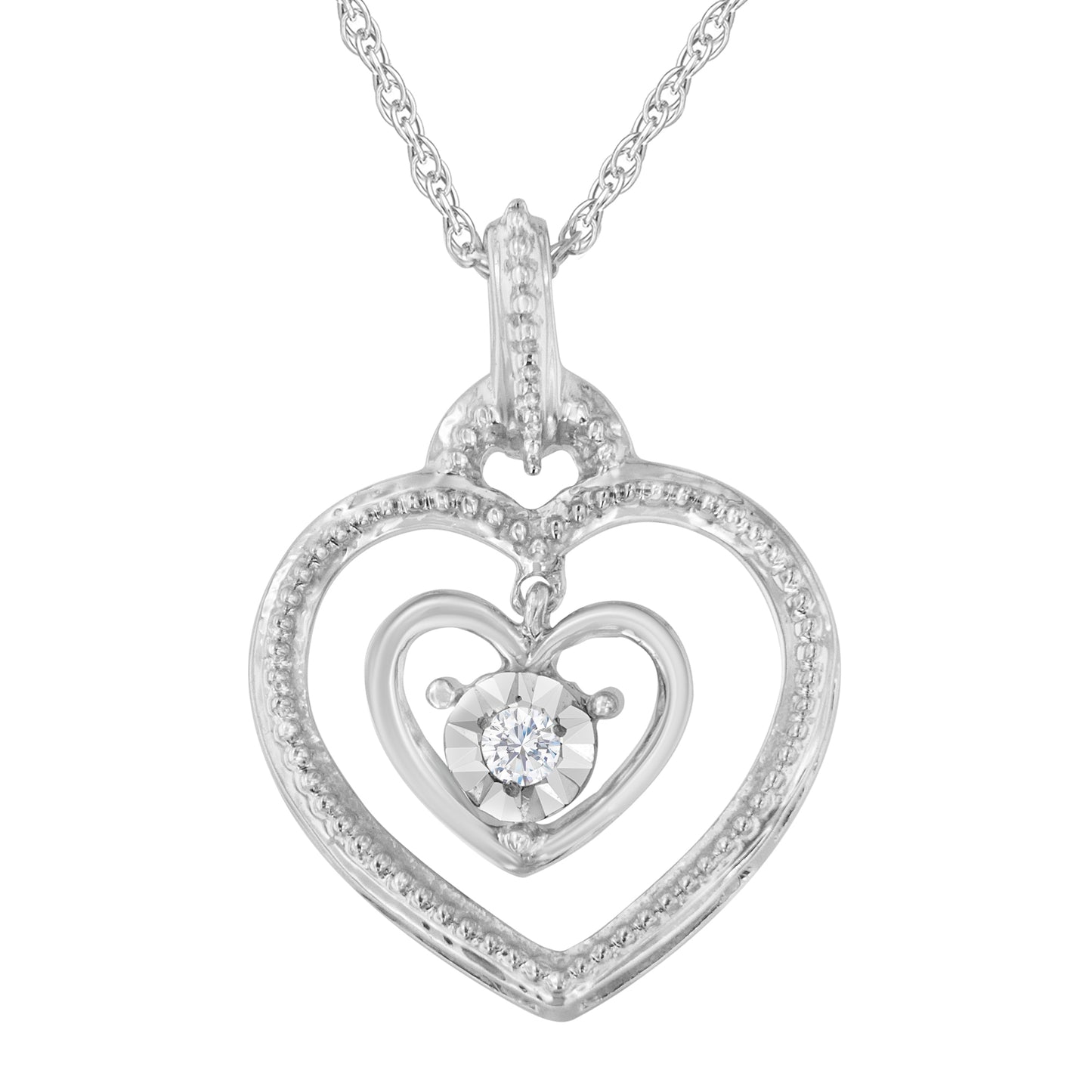 .925 Sterling Silver 1/25 Cttw Rose Cut Diamond Double Heart Pendant Necklace (I-J, I2-I3)