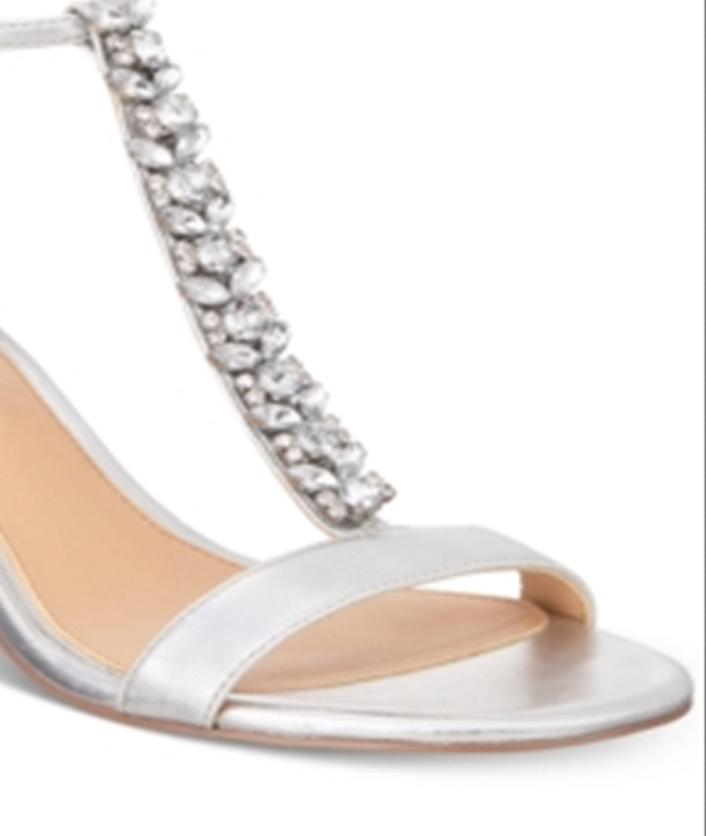 Badgley Mischka Women's Ankle Strap T-Strap Rhinestone Lindsey Round Toe Block Heel Buckle Dress Sandals Gray Size 6 M