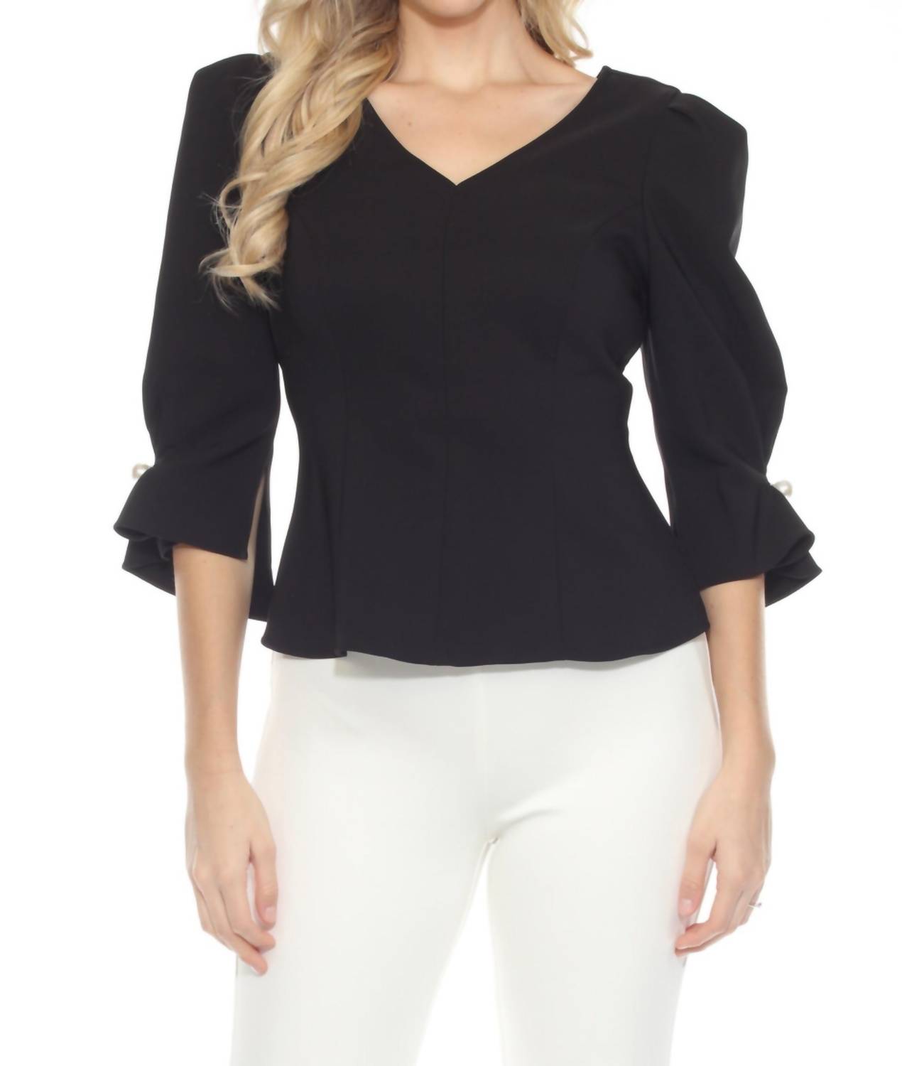 Joseph Ribkoff - Pearl Puff Sleeve V-neck Twill Peplum Top