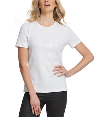 DKNY Women's Sequin Embellished T-Shirt White Size Large