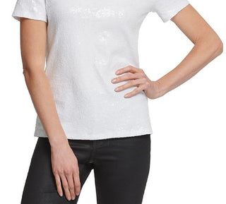 DKNY Women's Sequin Embellished T-Shirt White Size Large