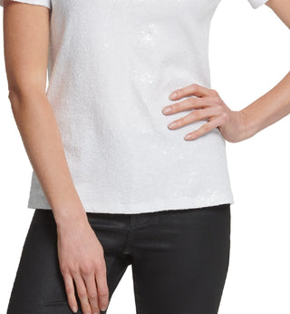 DKNY Women's Sequined Heather Short Sleeve Jewel Neck T-Shirt White Size Medium