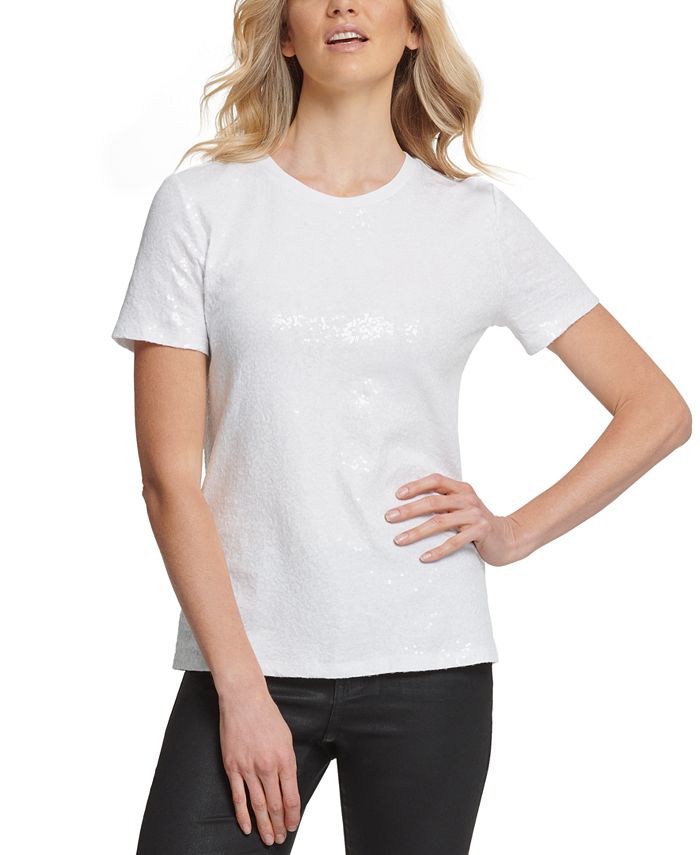DKNY Women's Sequined Jersey T-Shirt White Size Small